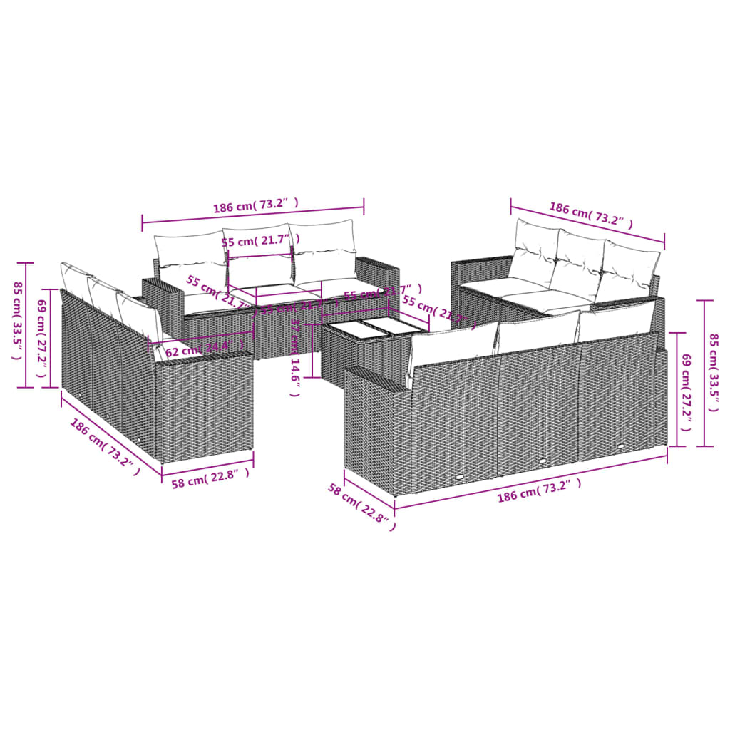 13-tlg. Garten-Sofagarnitur mit Kissen Grau Poly Rattan