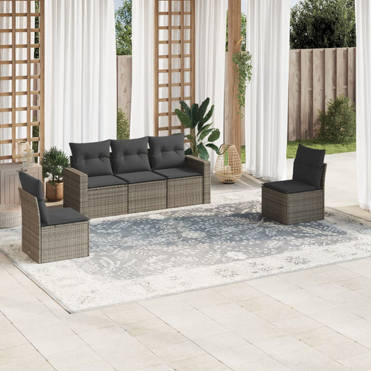 5-tlg. Garten-Sofagarnitur mit Kissen Grau Poly Rattan