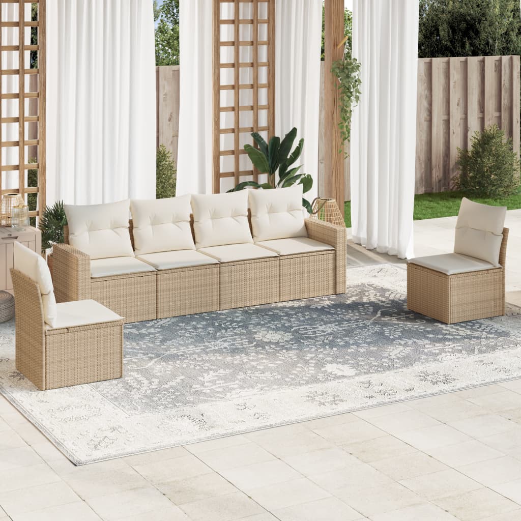 6-tlg. Garten-Sofagarnitur mit Kissen Beige Poly Rattan