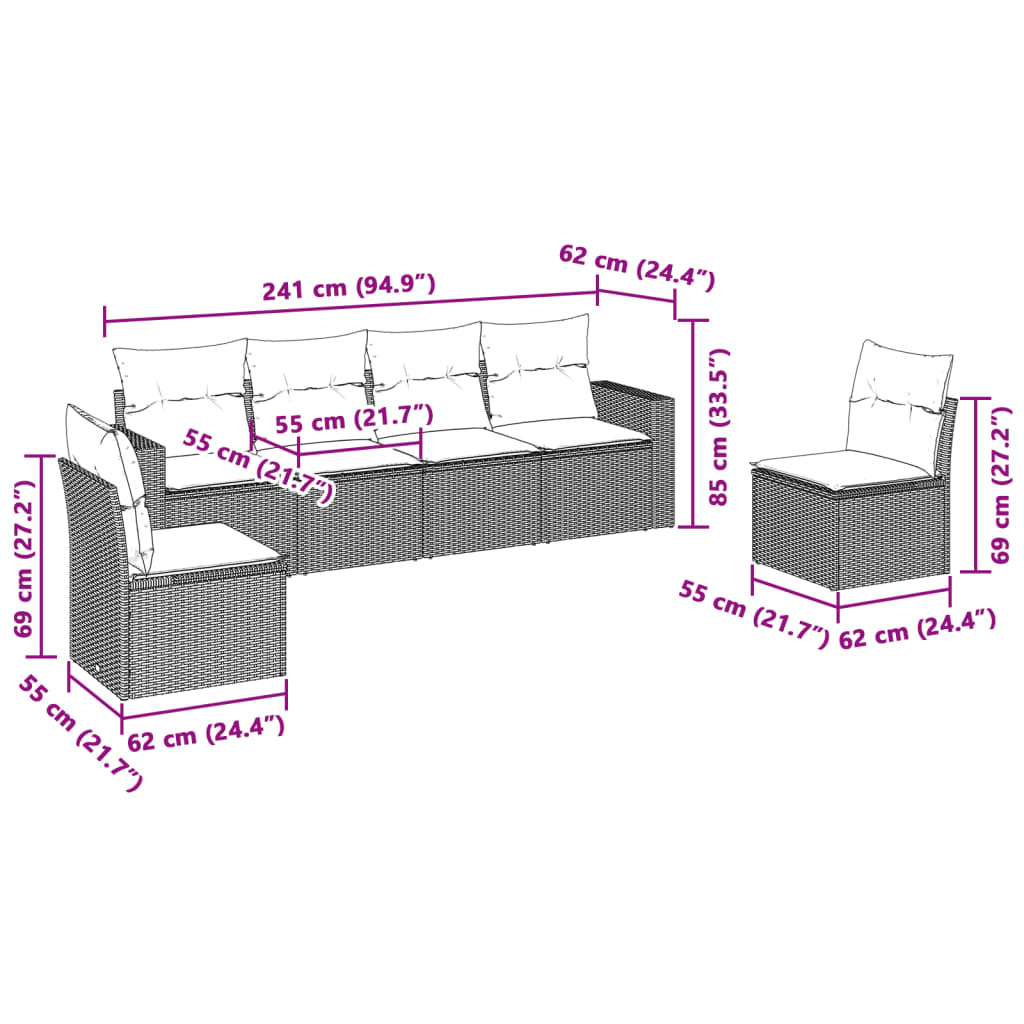 6-tlg. Garten-Sofagarnitur mit Kissen Hellgrau Poly Rattan