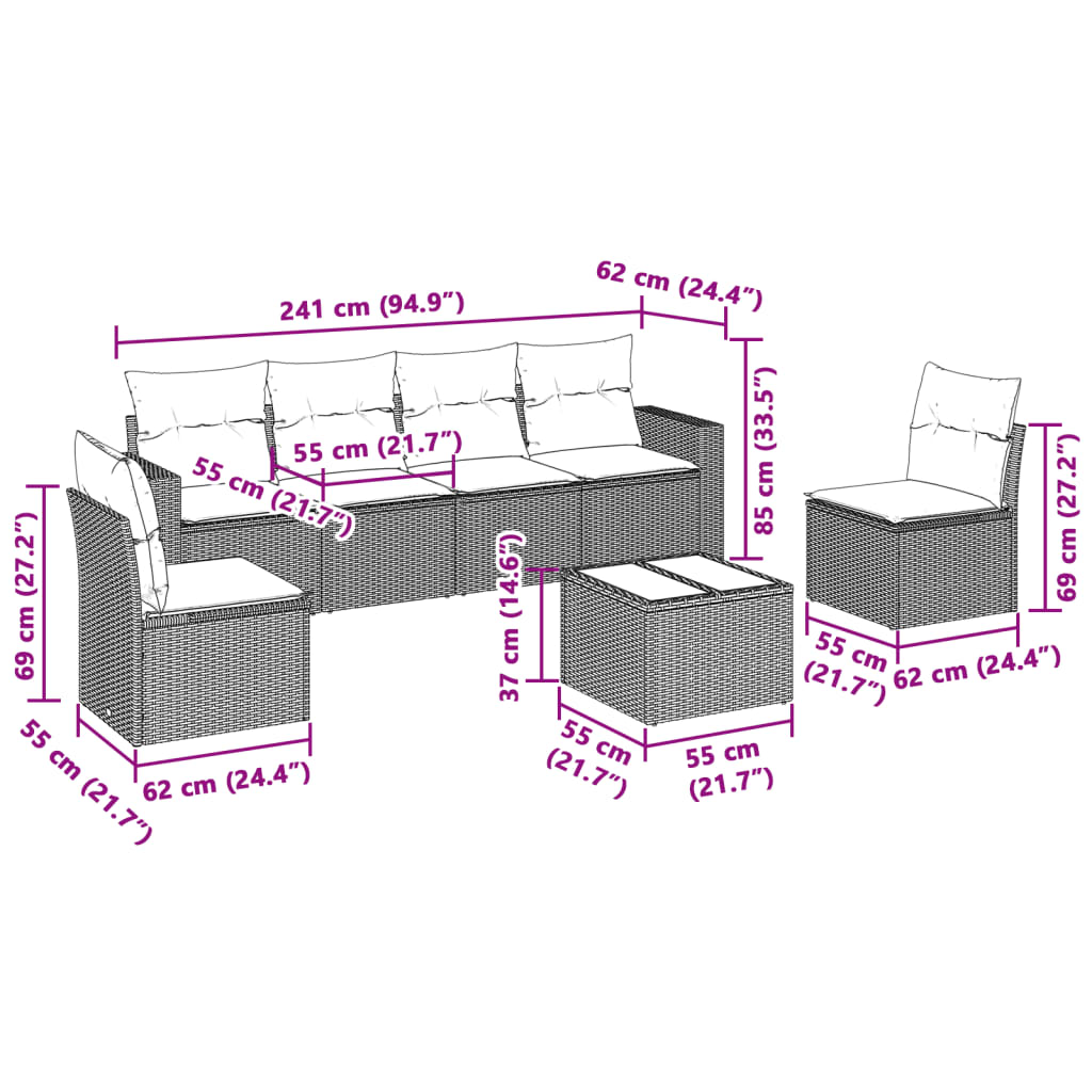 7-tlg. Garten-Sofagarnitur mit Kissen Hellgrau Poly Rattan