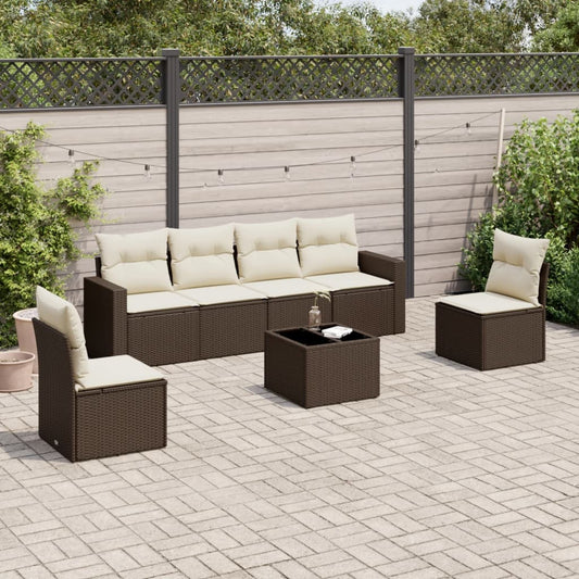 7-tlg. Garten-Sofagarnitur mit Kissen Braun Poly Rattan