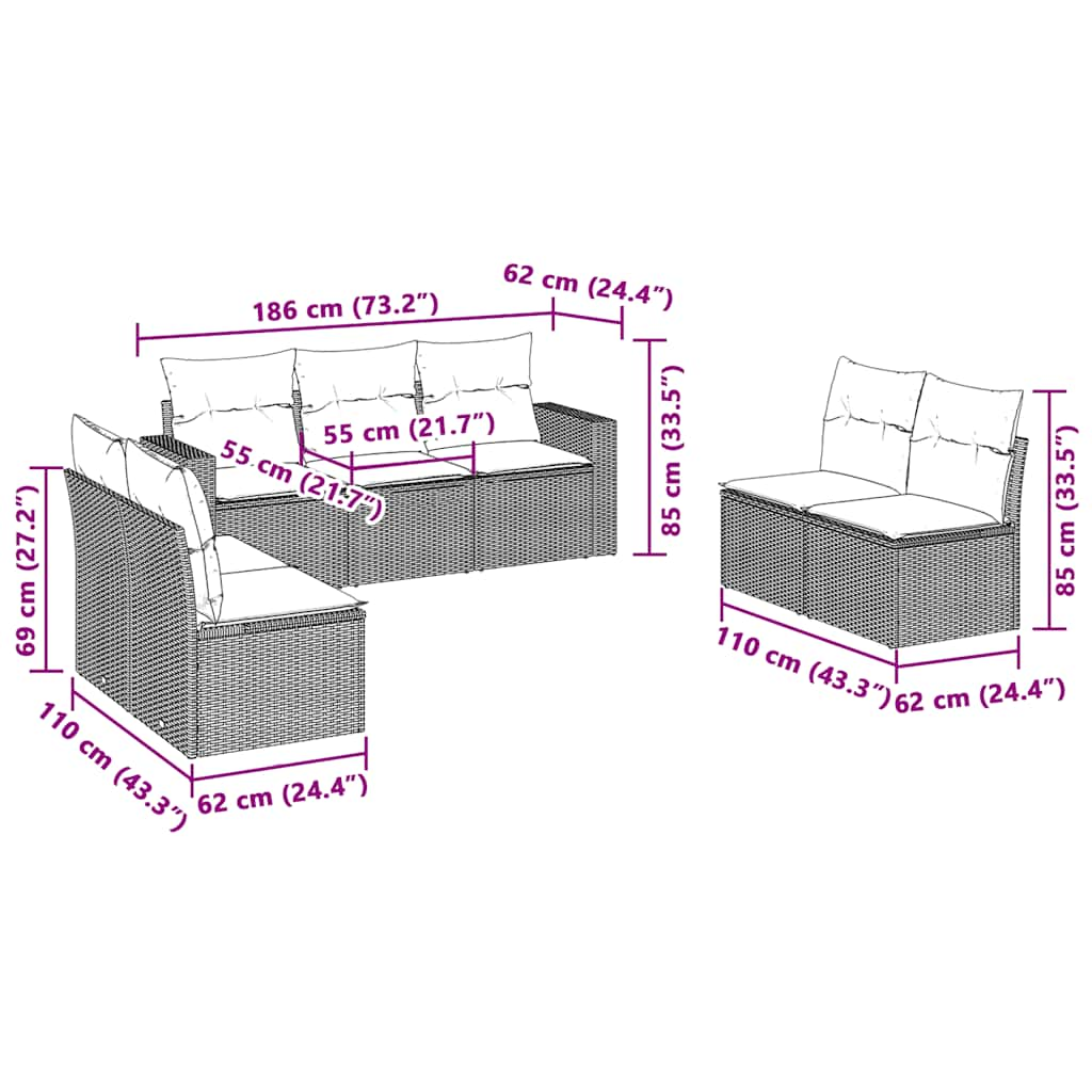 7-tlg. Garten-Sofagarnitur mit Kissen Hellgrau Poly Rattan