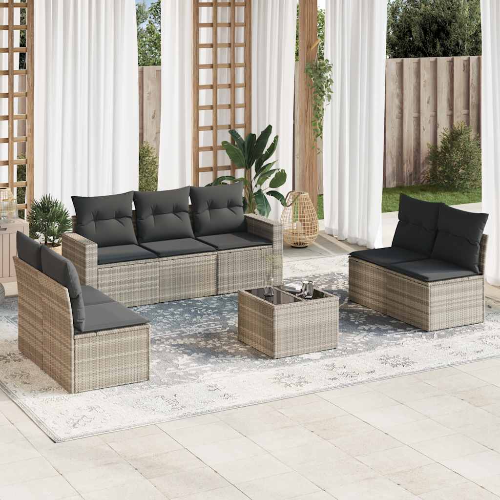 8-tlg. Garten-Sofagarnitur mit Kissen Hellgrau Poly Rattan