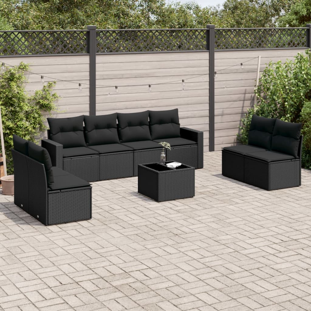 9-tlg. Garten-Sofagarnitur mit Kissen Schwarz Poly Rattan