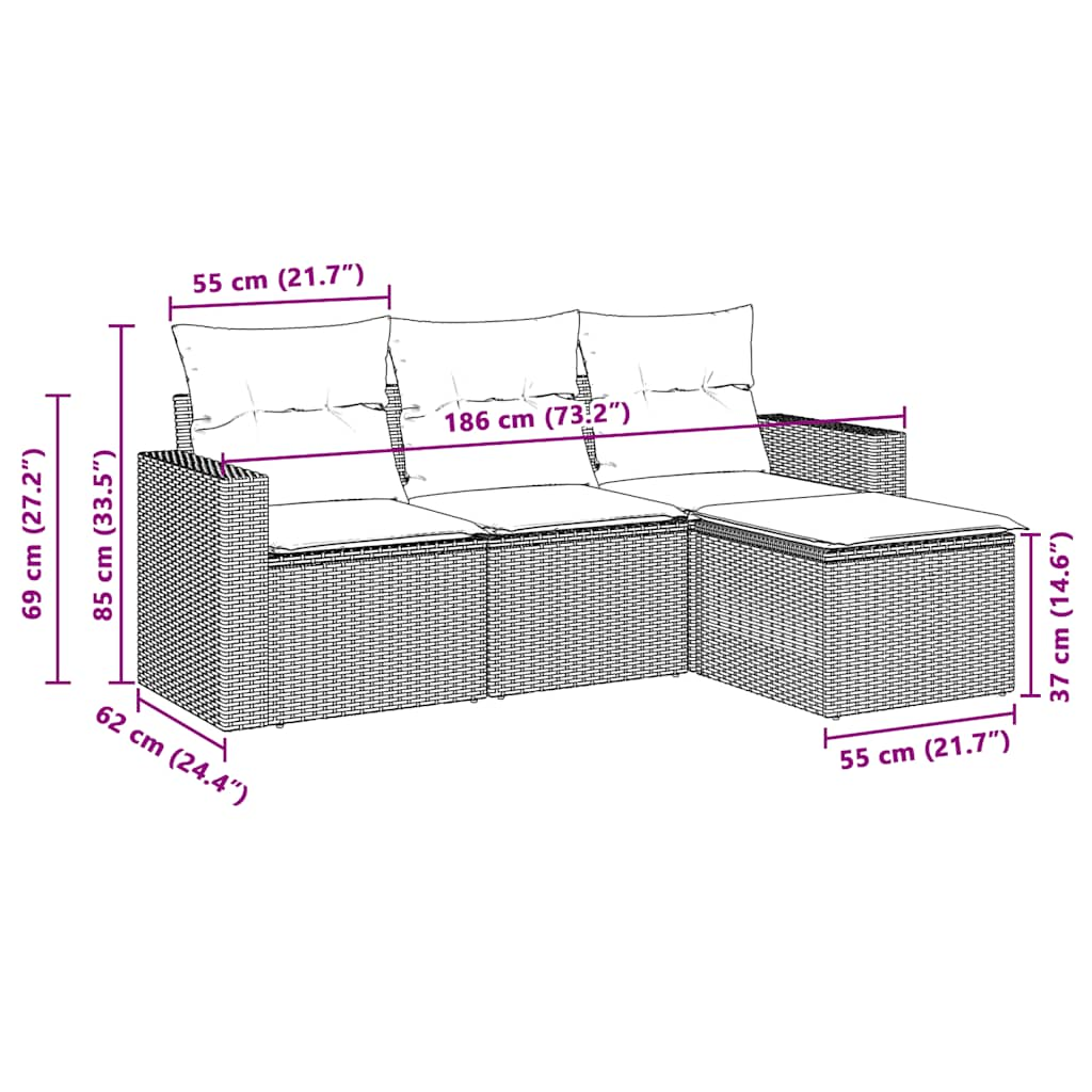 4-tlg. Garten-Sofagarnitur mit Kissen Hellgrau Poly Rattan