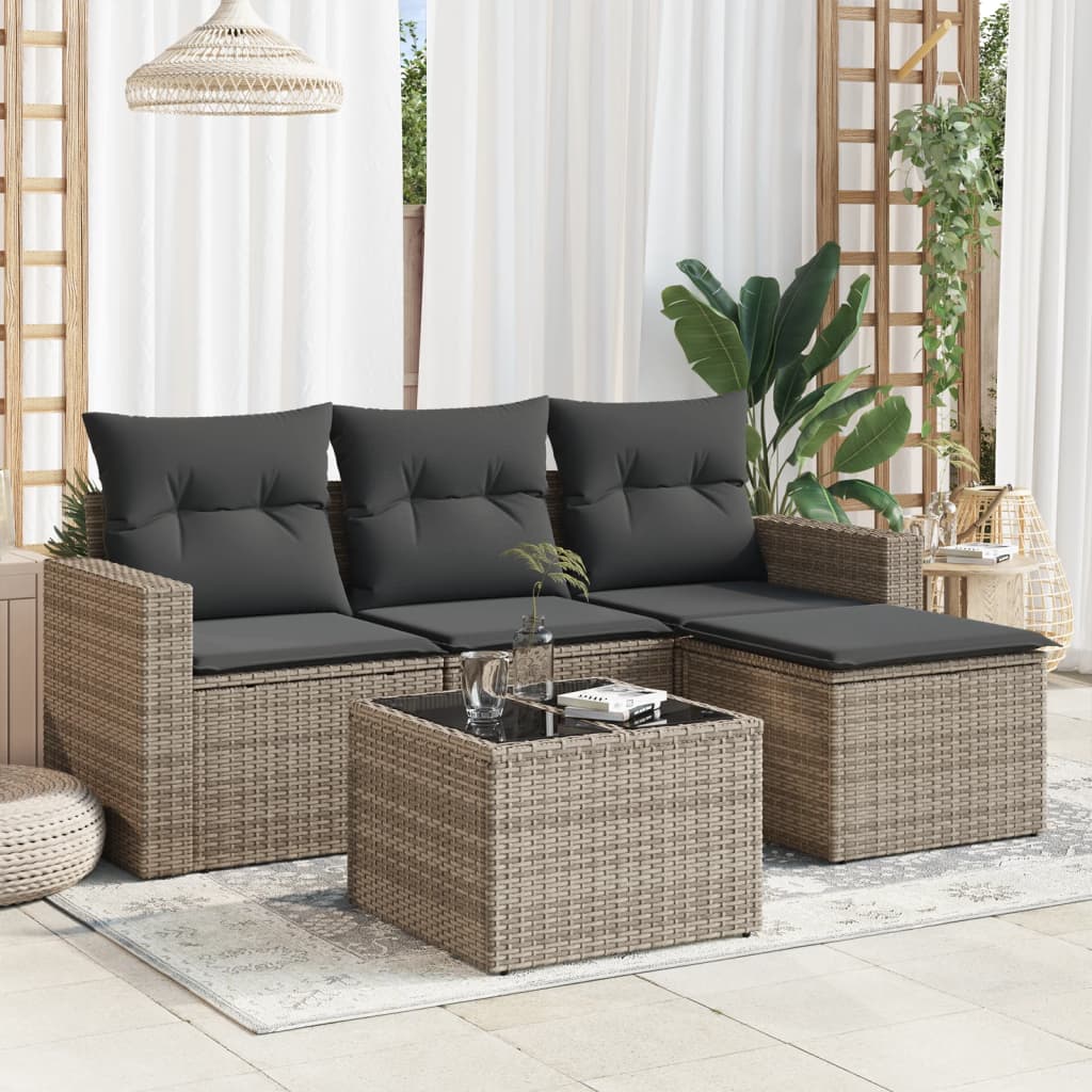 5-tlg. Garten-Sofagarnitur mit Kissen Grau Poly Rattan