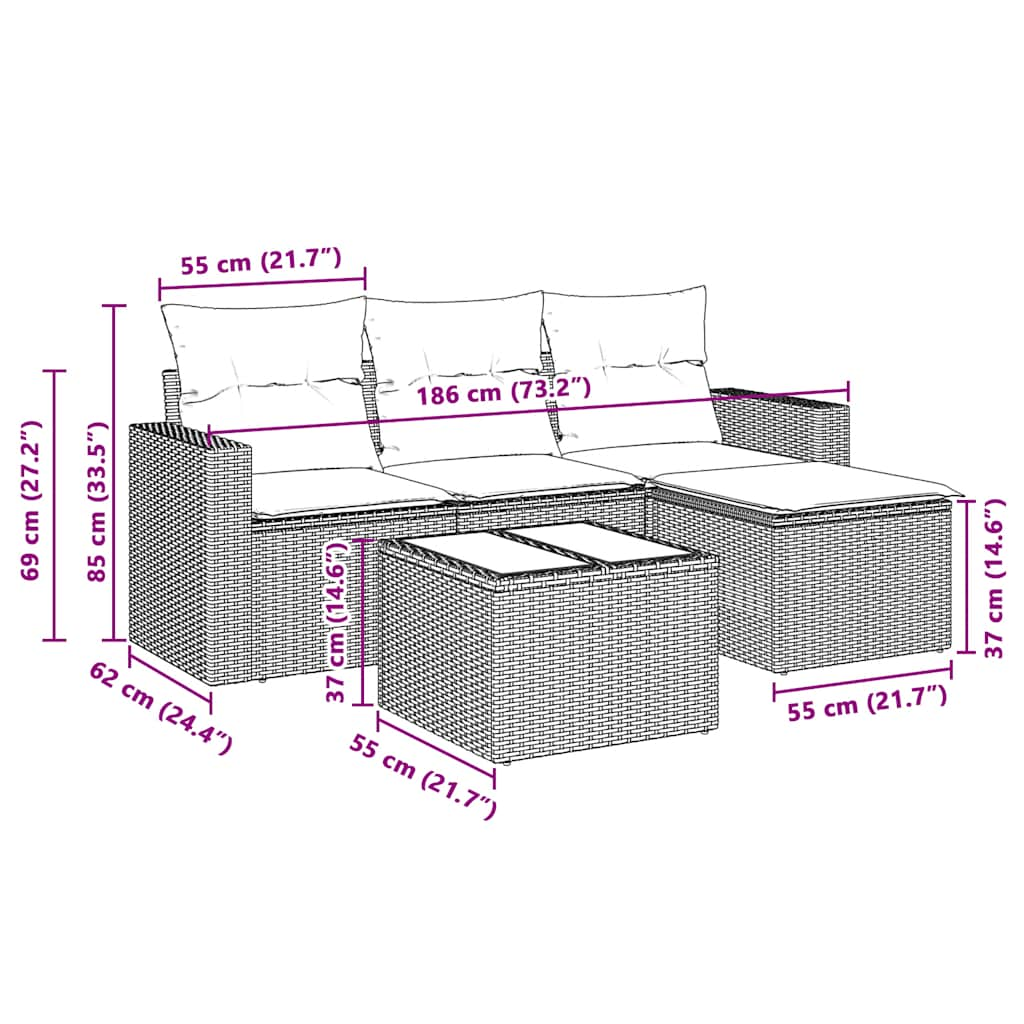 5-tlg. Garten-Sofagarnitur mit Kissen Hellgrau Poly Rattan