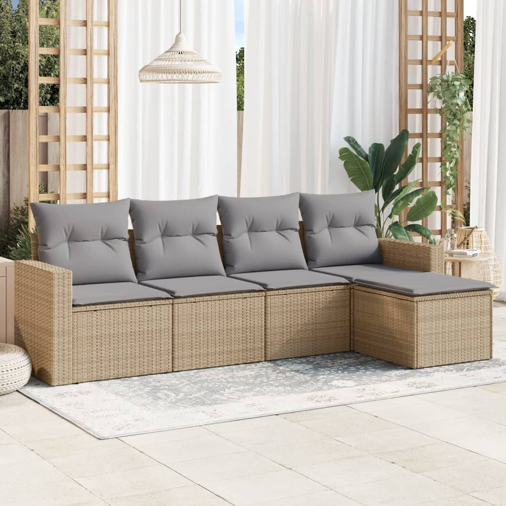 5-tlg. Garten-Sofagarnitur mit Kissen Beige Poly Rattan