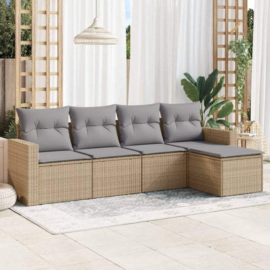 5-tlg. Garten-Sofagarnitur mit Kissen Beige Poly Rattan