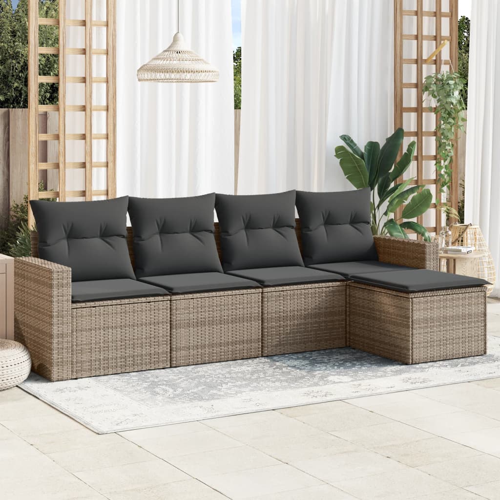 5-tlg. Garten-Sofagarnitur mit Kissen Grau Poly Rattan