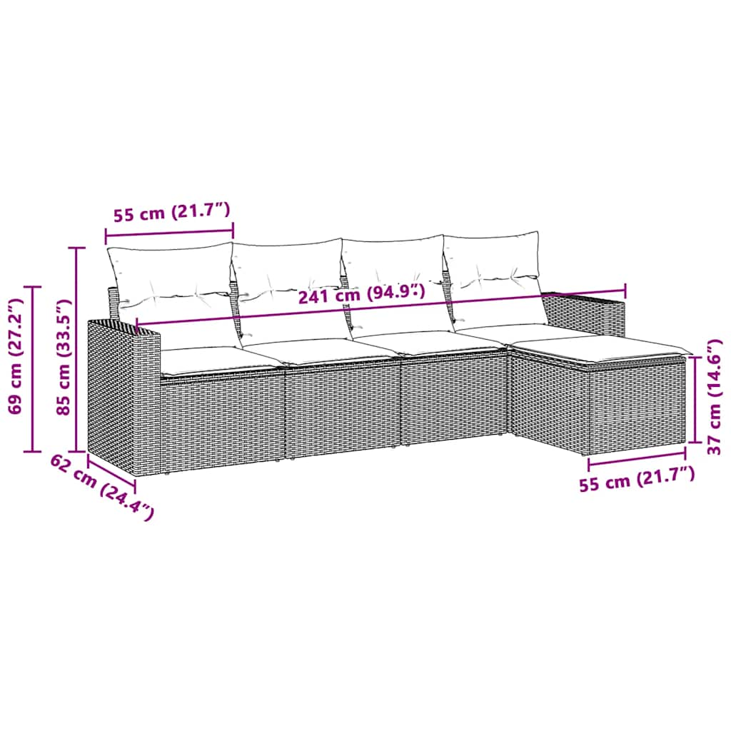 5-tlg. Garten-Sofagarnitur mit Kissen Hellgrau Poly Rattan