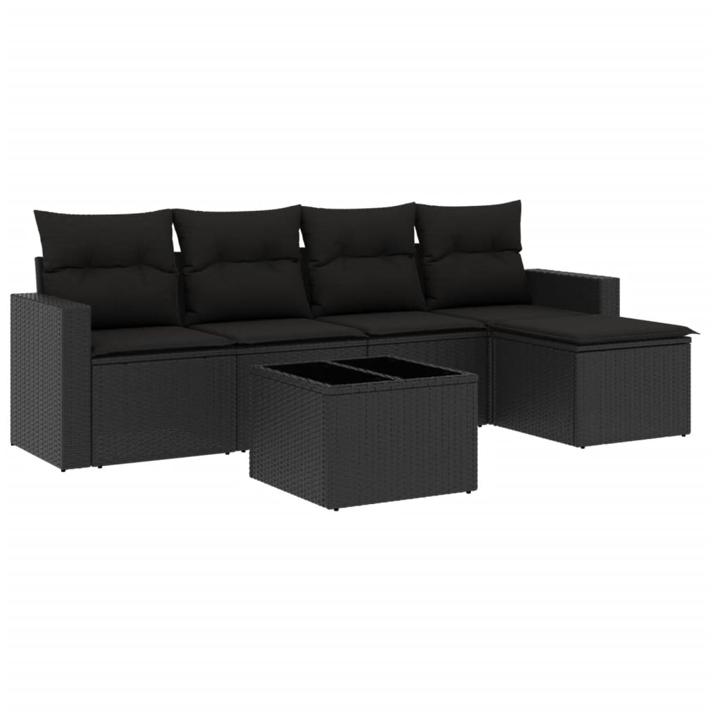 6-tlg. Garten-Sofagarnitur mit Kissen Schwarz Poly Rattan