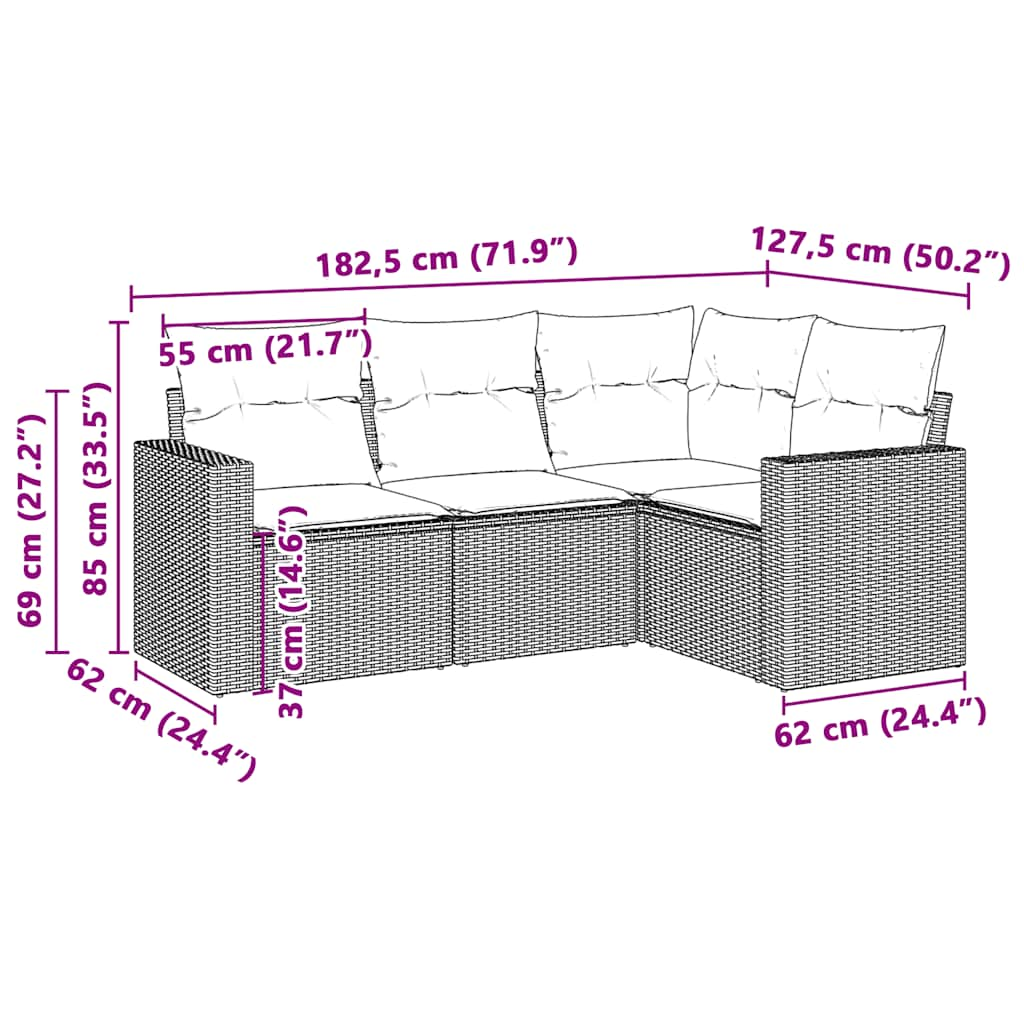 4-tlg. Garten-Sofagarnitur mit Kissen Hellgrau Poly Rattan