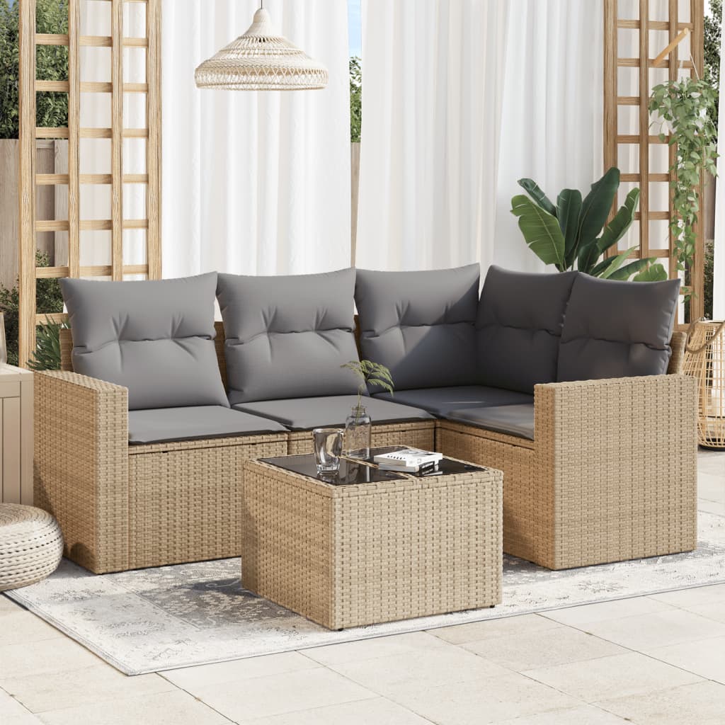 5-tlg. Garten-Sofagarnitur mit Kissen Beige Poly Rattan