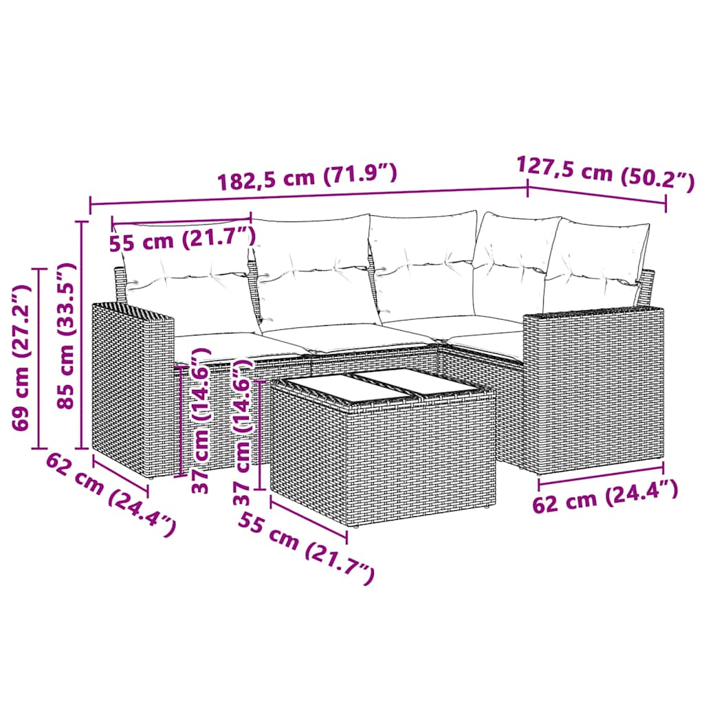 5-tlg. Garten-Sofagarnitur mit Kissen Hellgrau Poly Rattan