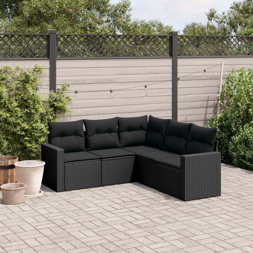 5-tlg. Garten-Sofagarnitur mit Kissen Schwarz Poly Rattan