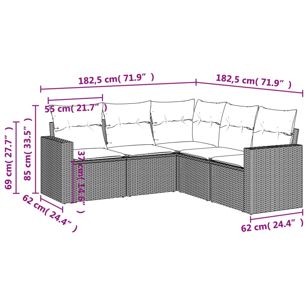 5-tlg. Garten-Sofagarnitur mit Kissen Grau Poly Rattan