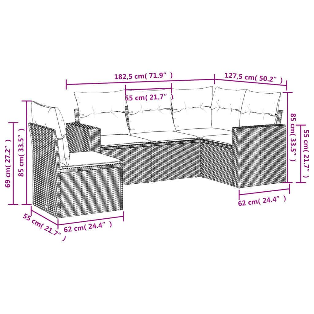 5-tlg. Garten-Sofagarnitur mit Kissen Beige Poly Rattan