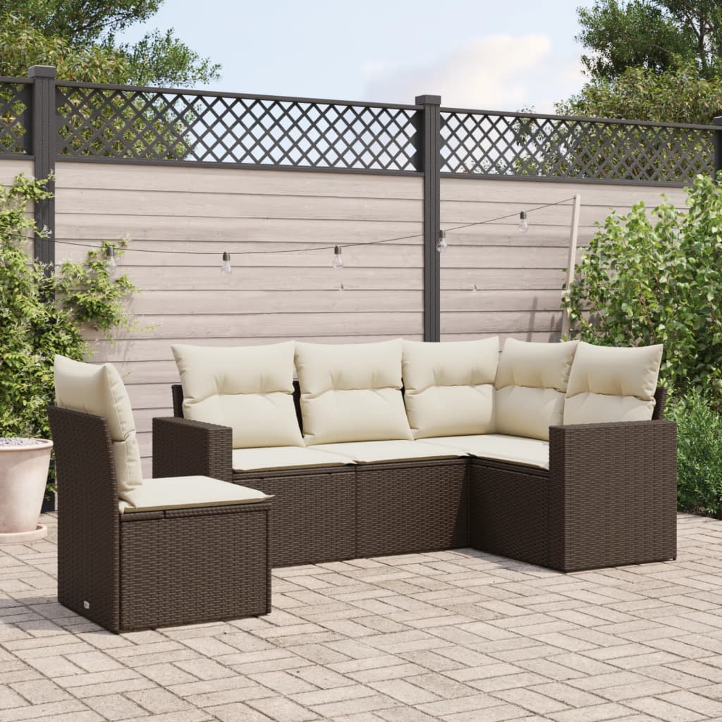 5-tlg. Garten-Sofagarnitur mit Kissen Braun Poly Rattan