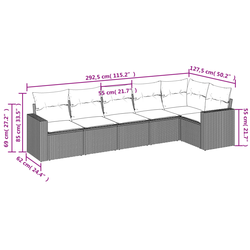 6-tlg. Garten-Sofagarnitur mit Kissen Schwarz Poly Rattan