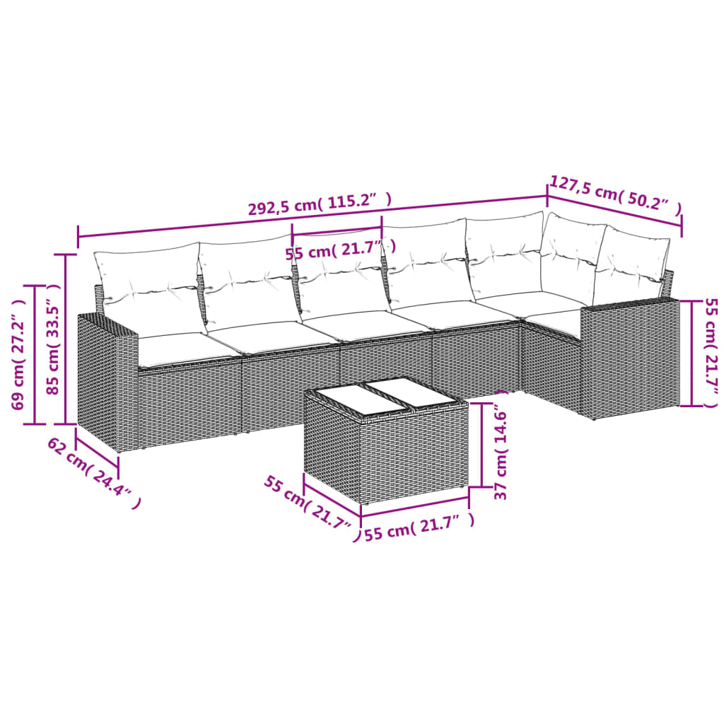 7-tlg. Garten-Sofagarnitur mit Kissen Braun Poly Rattan