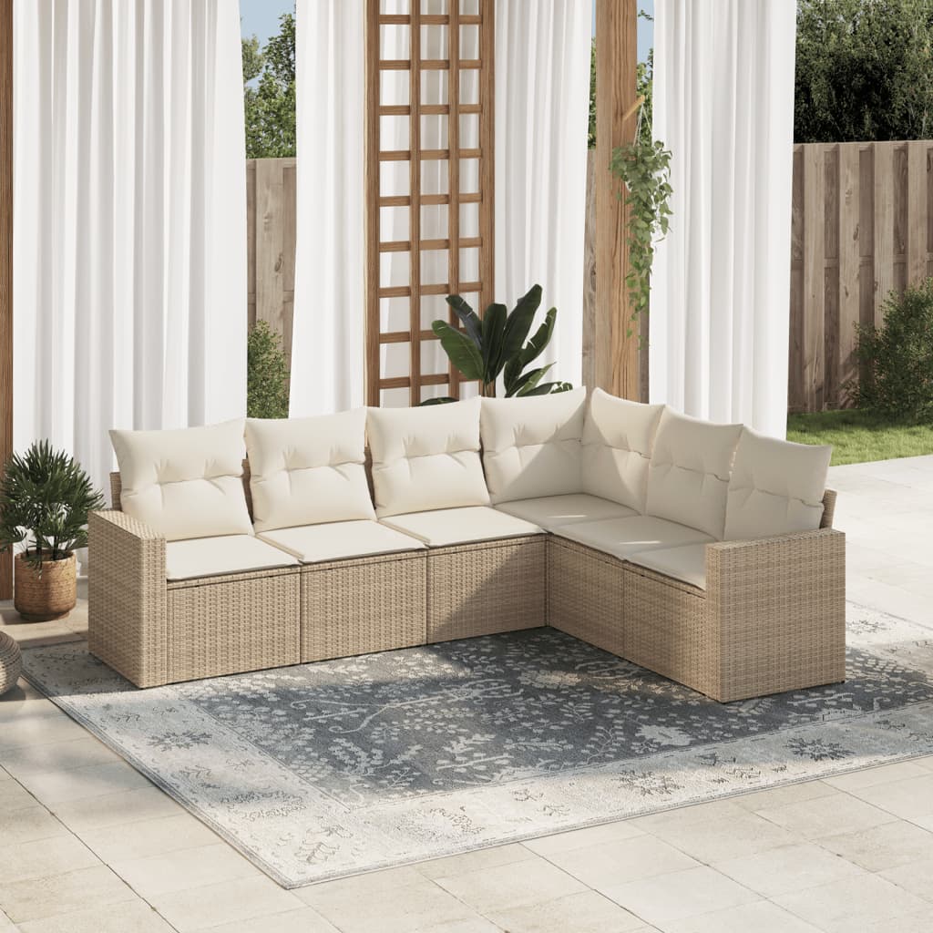 6-tlg. Garten-Sofagarnitur mit Kissen Beige Poly Rattan