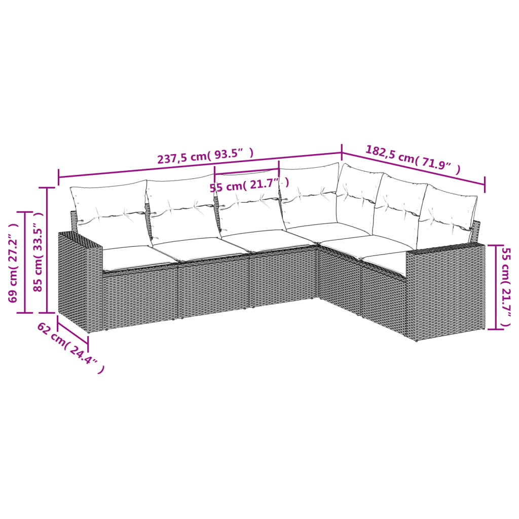 6-tlg. Garten-Sofagarnitur mit Kissen Hellgrau Poly Rattan