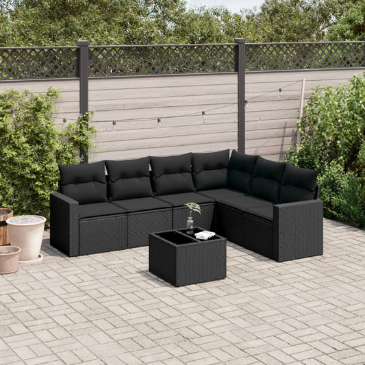 7-tlg. Garten-Sofagarnitur mit Kissen Schwarz Poly Rattan