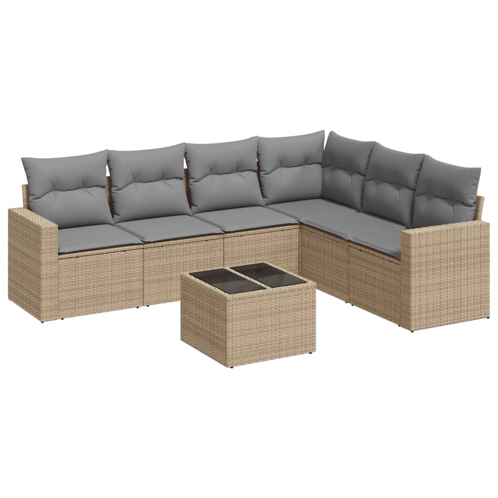 7-tlg. Garten-Sofagarnitur mit Kissen Beige Poly Rattan