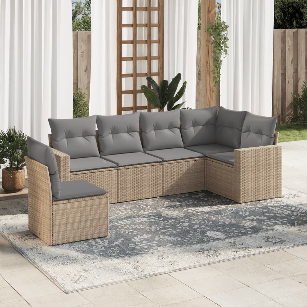 6-tlg. Garten-Sofagarnitur mit Kissen Beige Poly Rattan