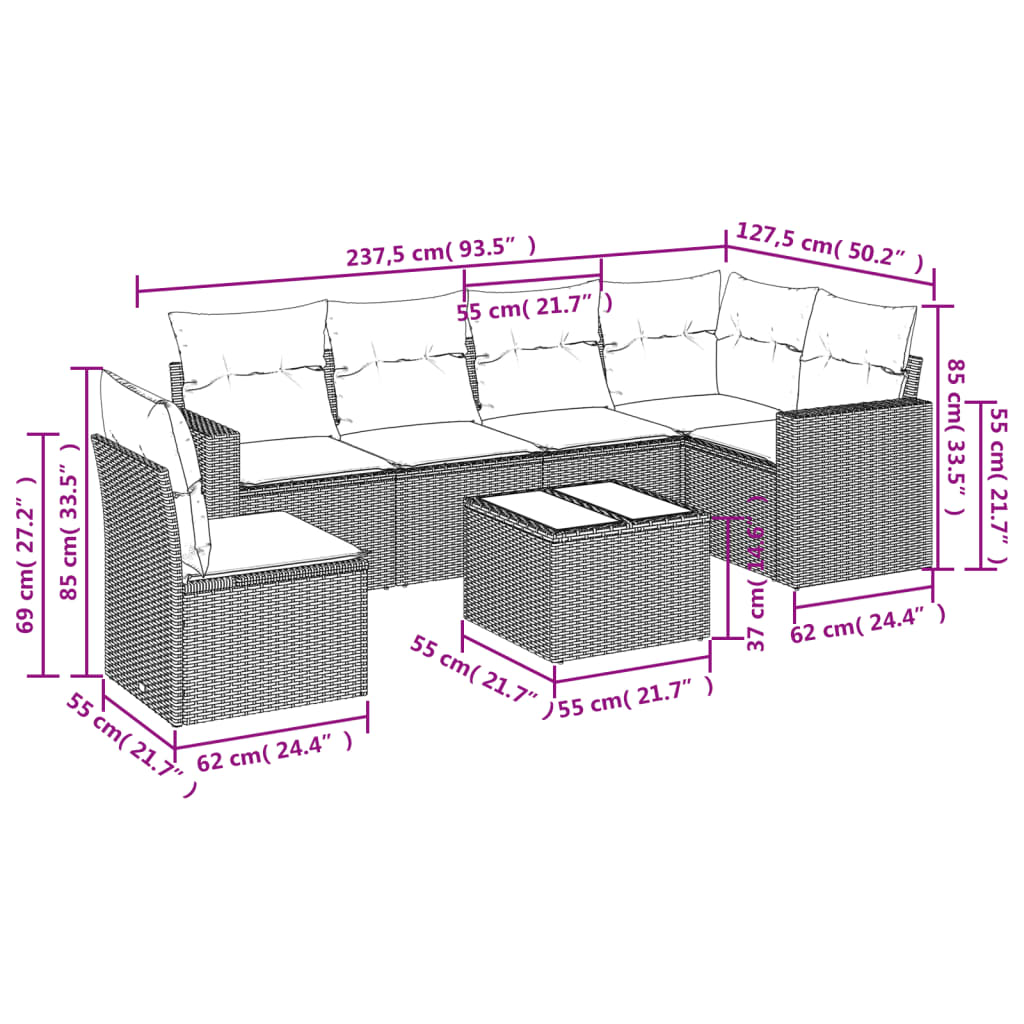 7-tlg. Garten-Sofagarnitur mit Kissen Hellgrau Poly Rattan