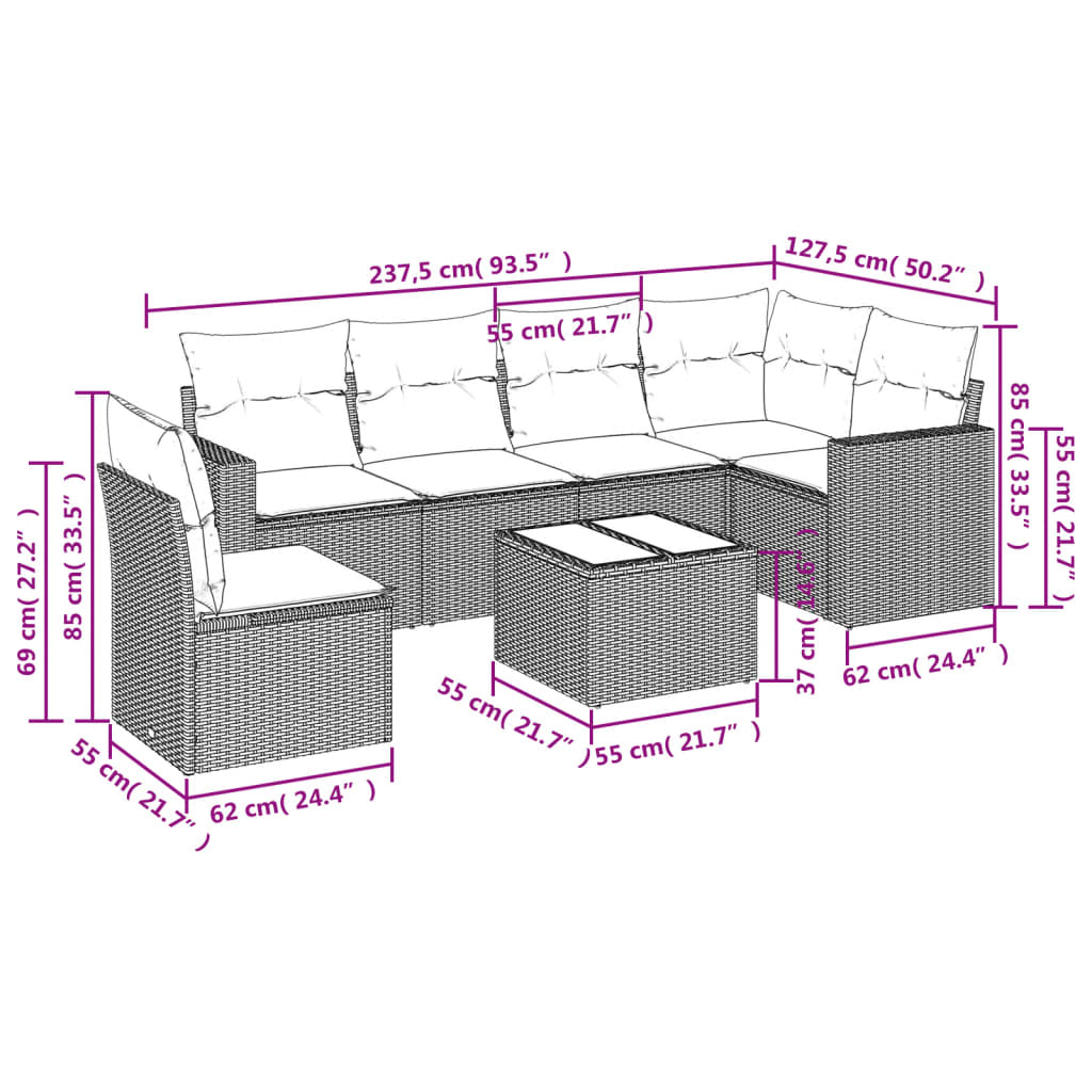 7-tlg. Garten-Sofagarnitur mit Kissen Braun Poly Rattan