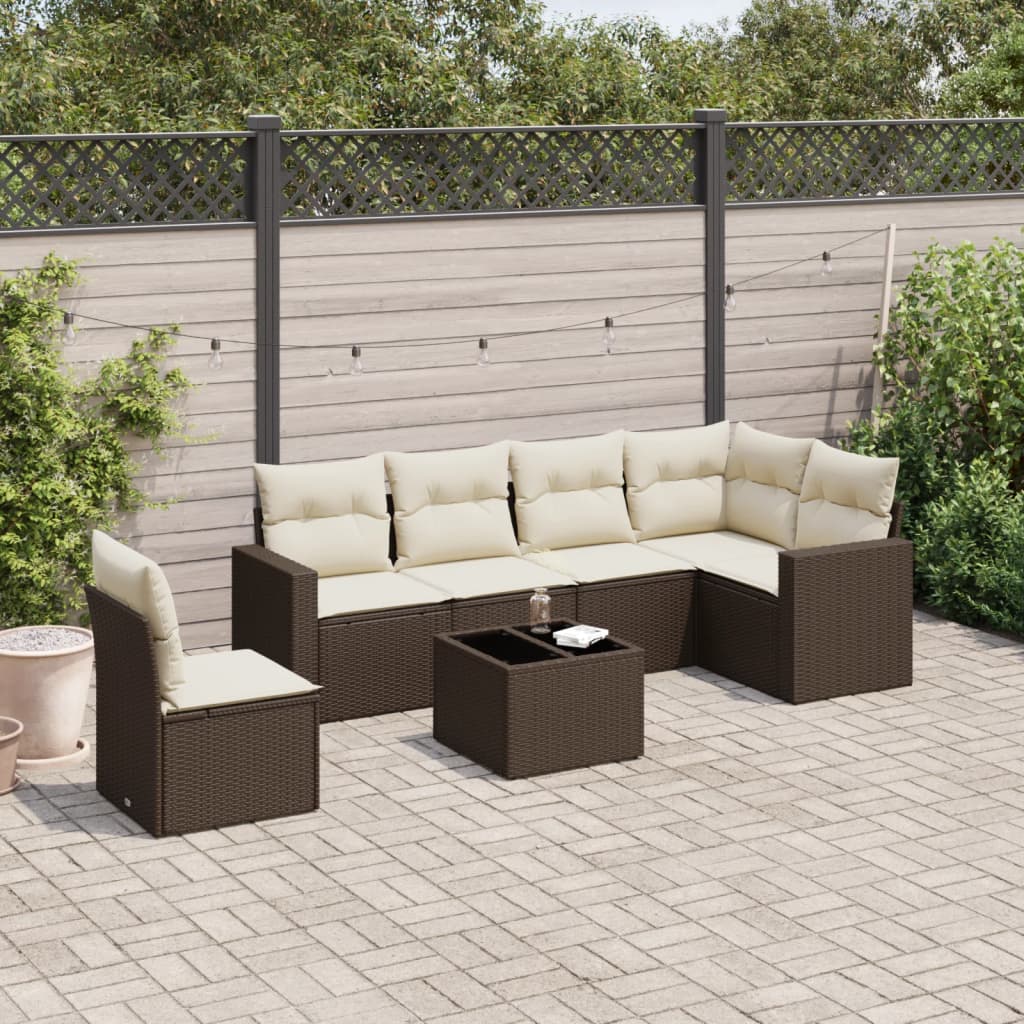 7-tlg. Garten-Sofagarnitur mit Kissen Braun Poly Rattan