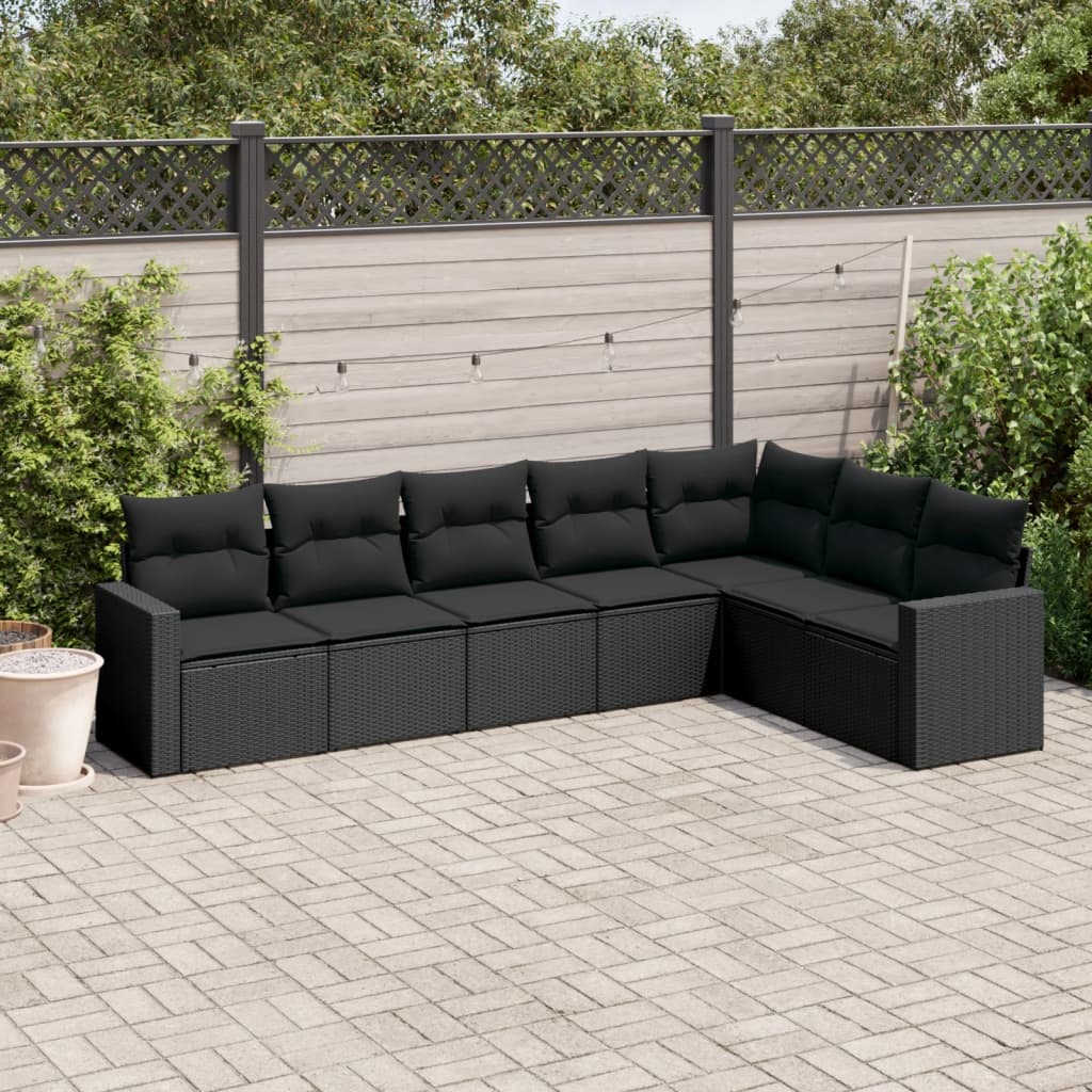 7-tlg. Garten-Sofagarnitur mit Kissen Schwarz Poly Rattan