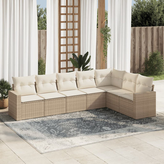 7-tlg. Garten-Sofagarnitur mit Kissen Beige Poly Rattan