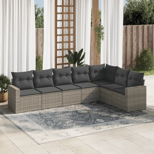 7-tlg. Garten-Sofagarnitur mit Kissen Grau Poly Rattan