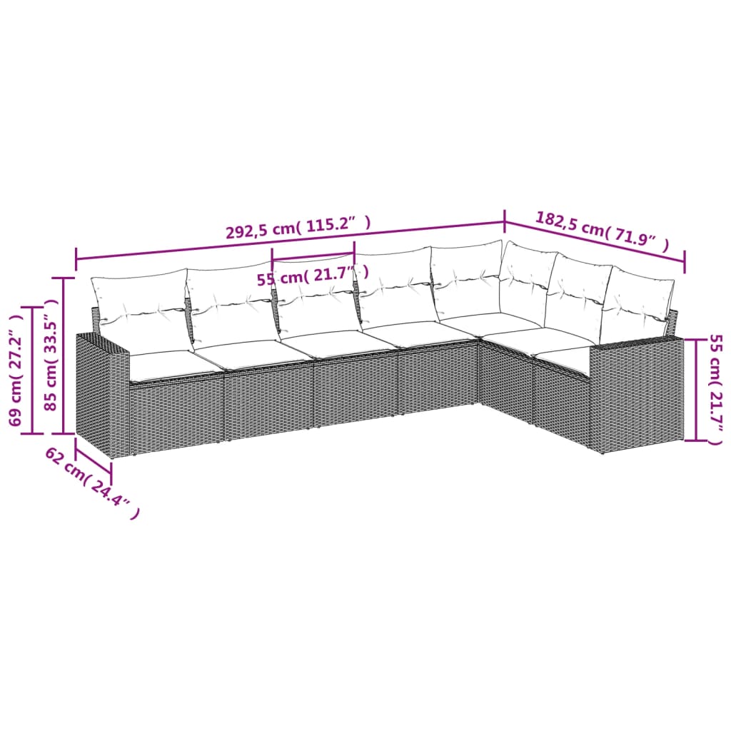 7-tlg. Garten-Sofagarnitur mit Kissen Hellgrau Poly Rattan