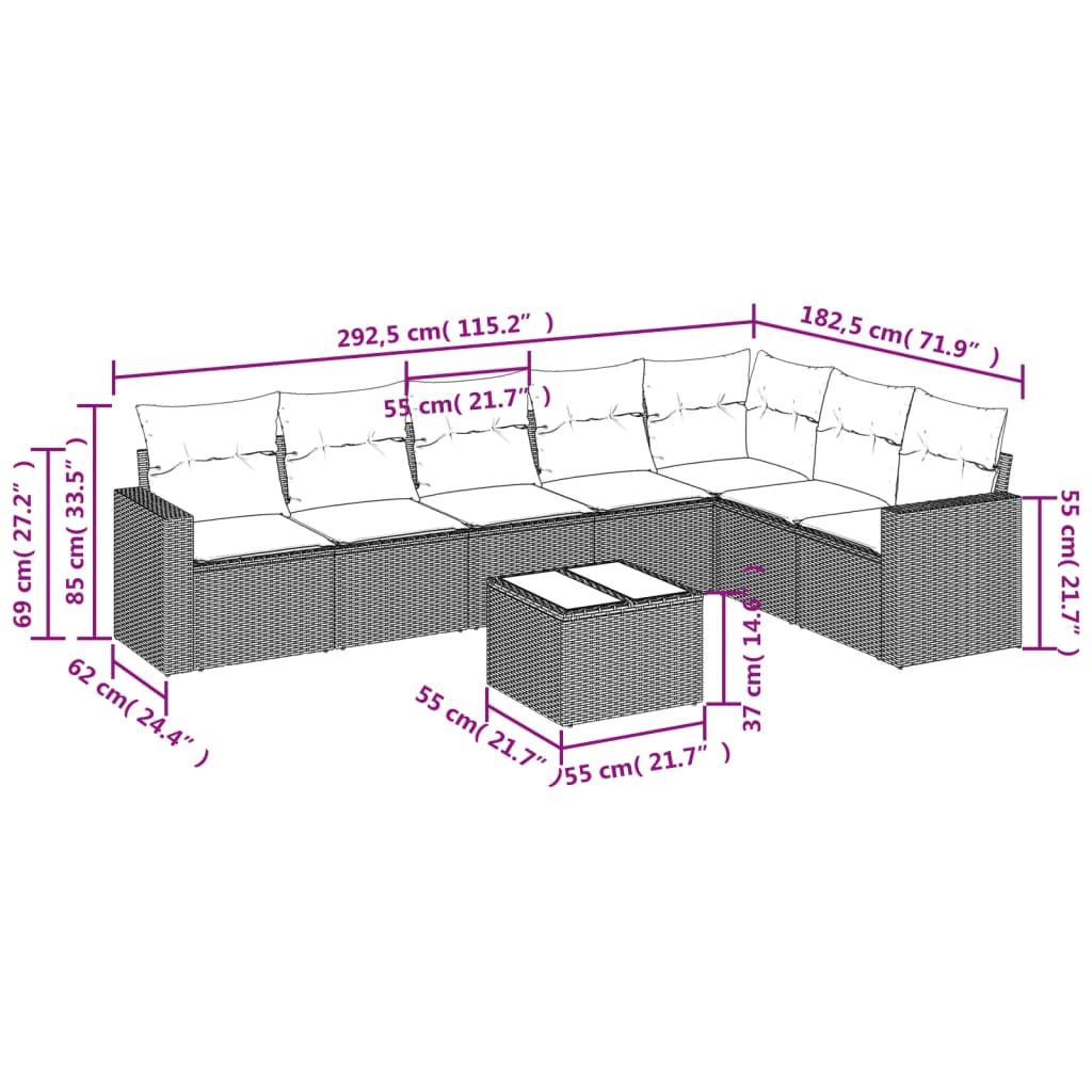 8-tlg. Garten-Sofagarnitur mit Kissen Grau Poly Rattan