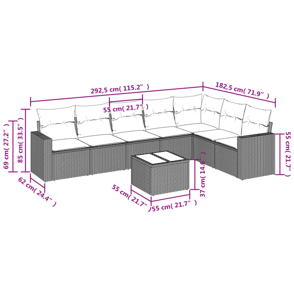 8-tlg. Garten-Sofagarnitur mit Kissen Hellgrau Poly Rattan