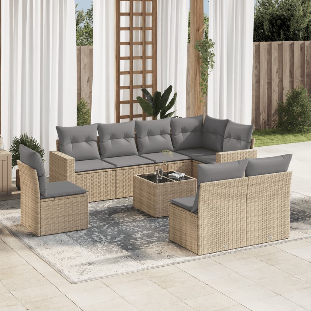 9-tlg. Garten-Sofagarnitur mit Kissen Beige Poly Rattan