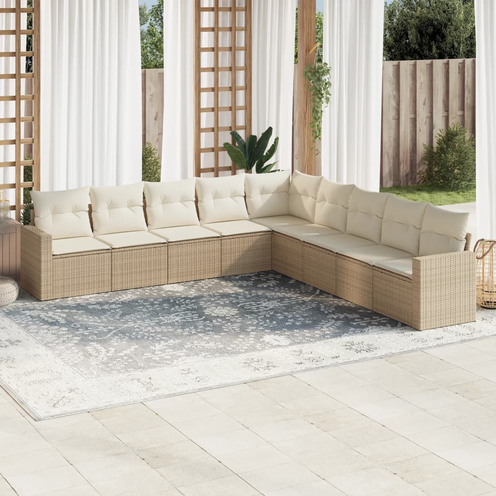 9-tlg. Garten-Sofagarnitur mit Kissen Beige Poly Rattan