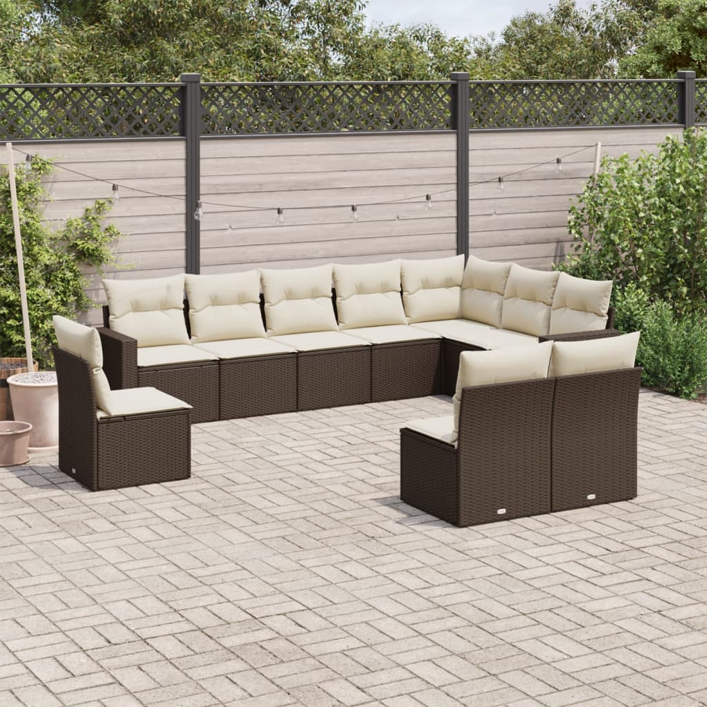 10-tlg. Garten-Sofagarnitur mit Kissen Braun Poly Rattan