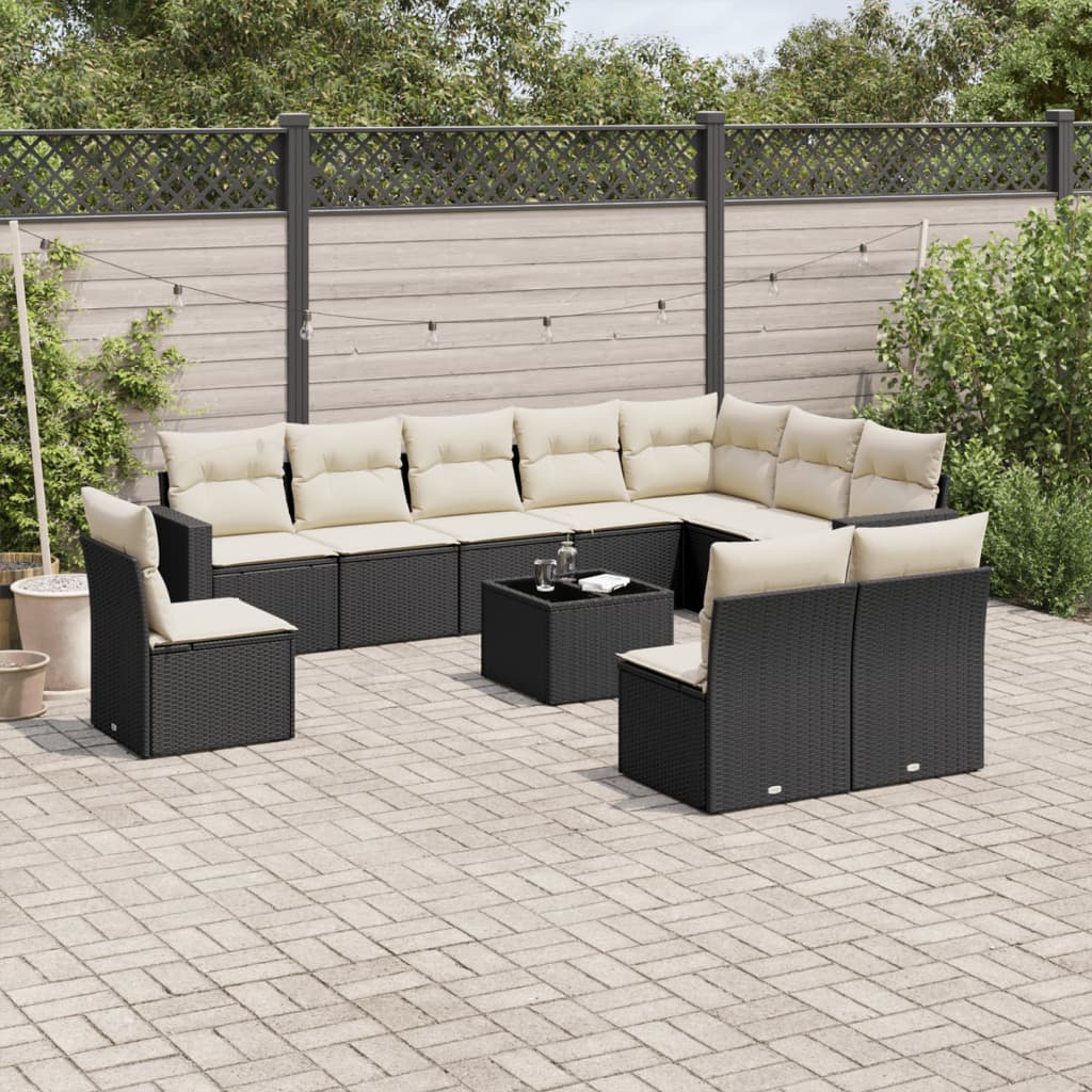 11-tlg. Garten-Sofagarnitur mit Kissen Schwarz Poly Rattan