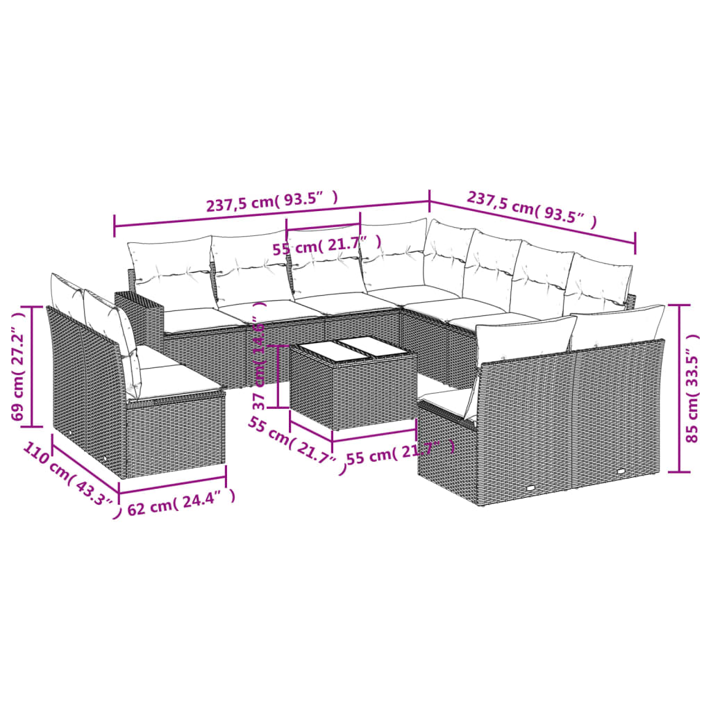 12-tlg. Garten-Sofagarnitur mit Kissen Hellgrau Poly Rattan