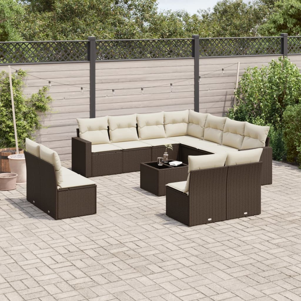 12-tlg. Garten-Sofagarnitur mit Kissen Braun Poly Rattan