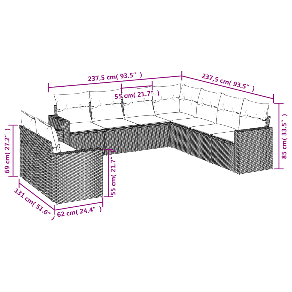 9-tlg. Garten-Sofagarnitur mit Kissen Schwarz Poly Rattan