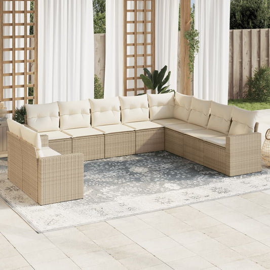 10-tlg. Garten-Sofagarnitur mit Kissen Beige Poly Rattan