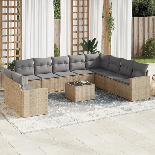 11-tlg. Garten-Sofagarnitur mit Kissen Beige Poly Rattan