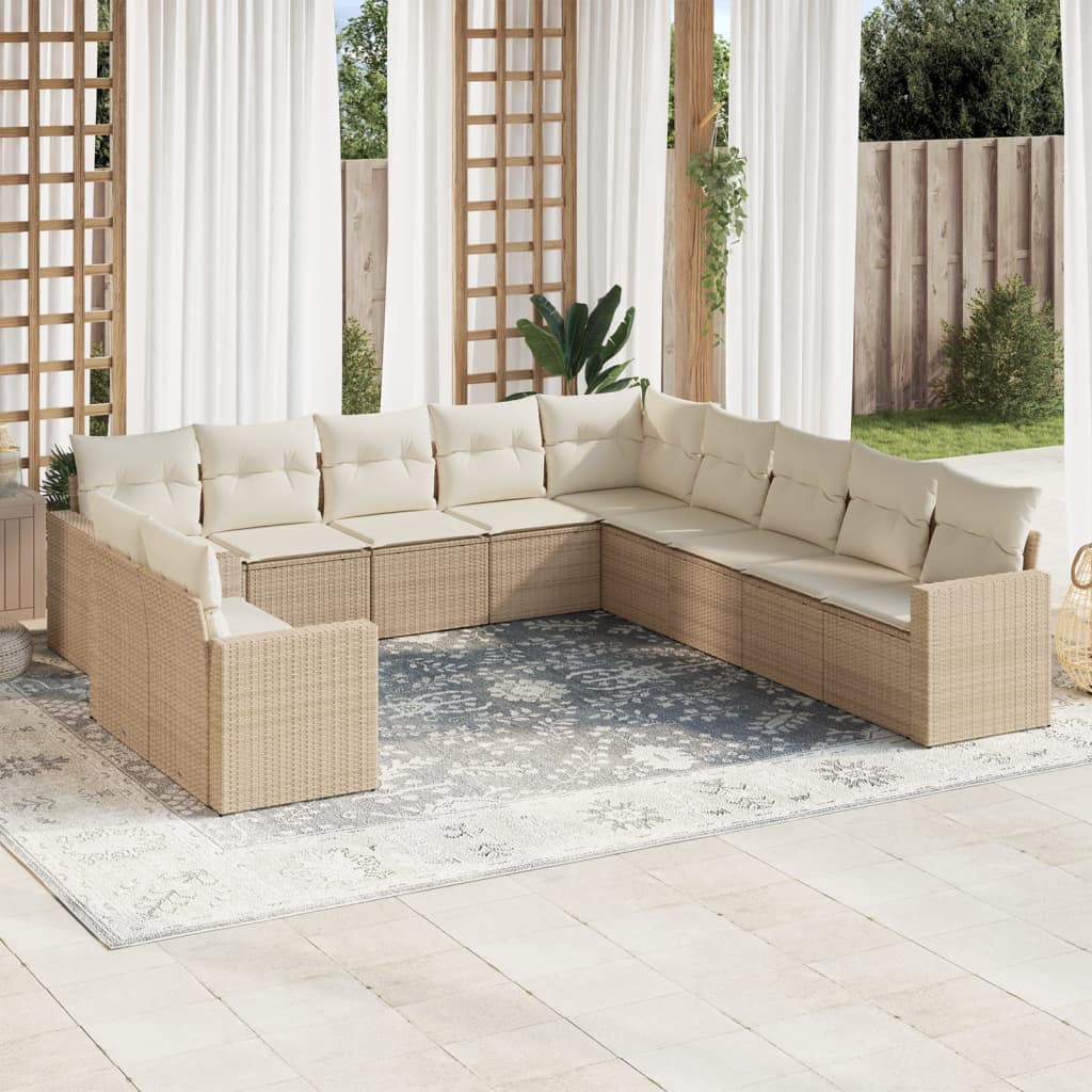 11-tlg. Garten-Sofagarnitur mit Kissen Beige Poly Rattan